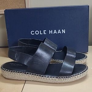 Cole Haan Cloudfeel Espradrille Sandal Black Leather Jute 8 S/N W14652 Like New